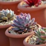 Succulents in pots grow in rocky soil.