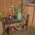 Old wooden shelf with pots, watering can and garden dwarf.