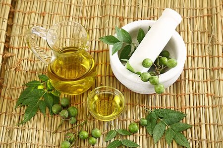 Neem oil in a glass pitcher and glass jar on the table